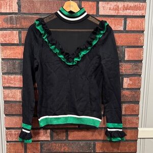 Black and Green Ruffle Trim Women's Top